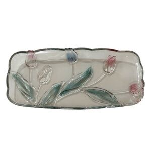 Vintage Rectangular Clear Glass Tray with Corlorful Tulip Design
